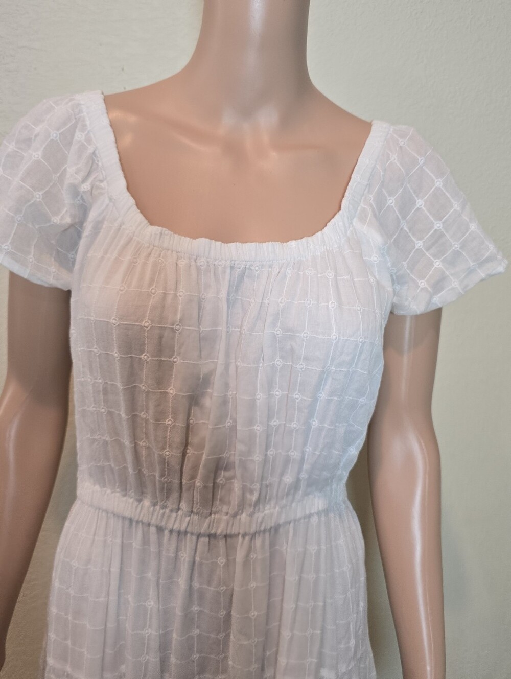 Mango MNG White Puff Sleeve Embroidered Checkered Tiered Midi A-Line Dress Sz 8 - Picture 11 of 16